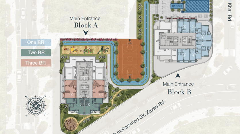 Plan d'étage illustré de la tour cloud niveau 26 à Dubaï, montrant deux blocs de construction (a et b) avec des dispositions pour des unités d'une, deux et trois chambres, les entrées principales marquées et les environs