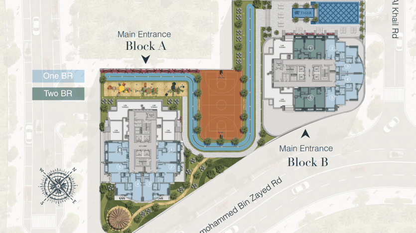 Plan d'étage architectural du niveau 25 de la tour Cloud à Dubaï, montrant deux blocs principaux (a et b) avec des aménagements pour des appartements d'une et deux chambres. Les fonctionnalités incluent des conceptions d'unités détaillées, un