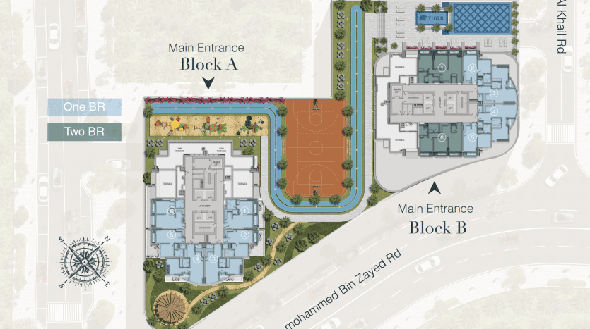 Un plan architectural de la tour cloud niveau 24 à Dubaï montrant deux blocs principaux (a et b), chacun avec une disposition détaillée des appartements d'une et deux chambres, des commodités et des routes environnantes.