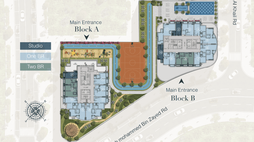 Plan d'étage illustré de la tour cloud niveau 23 à Dubaï présentant la disposition de différents types d'appartements (studio, une chambre, deux chambres) et des emplacements clés comme le bloc d'entrée principal a et le bloc b.