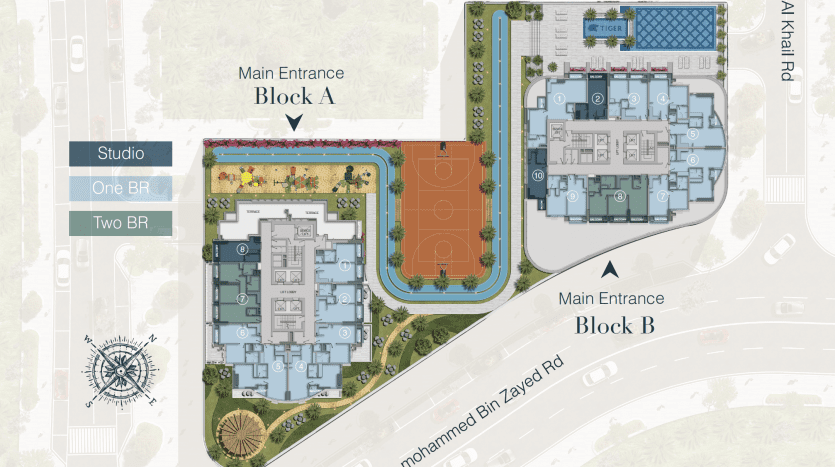 Plan d'étage de la tour cloud niveau 22, comprenant une entrée principale étiquetée et trois blocs de construction (a, b, c) avec des appartements à code couleur : studio, une chambre et deux chambres, idéal pour l'immobilier
