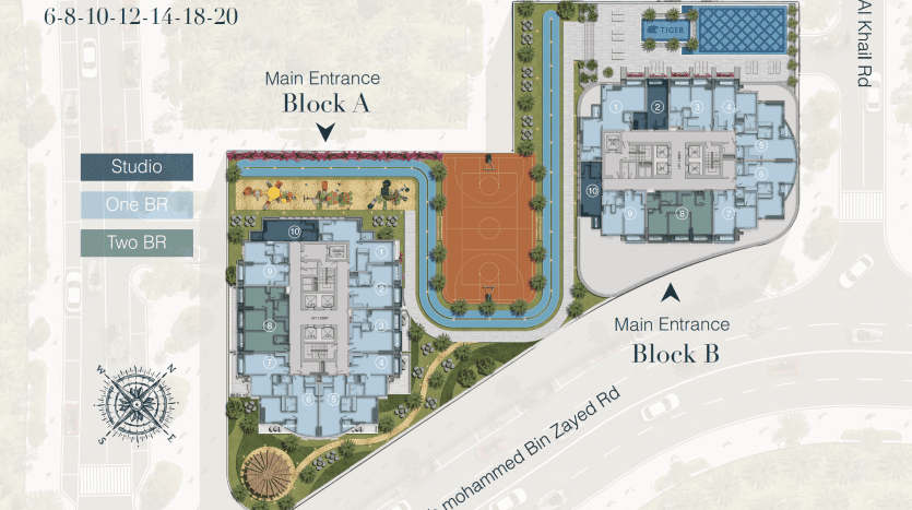 Plan d'étage illustratif de la tour Cloud, montrant deux blocs étiquetés A et B. Chaque bloc contient différentes configurations d'appartements : studio, une chambre et deux chambres, avec des zones codées par couleur. Géré par un