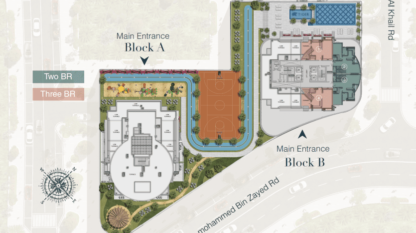 Plan d'étage architectural de la tour cloud niveau 28 à Dubaï, comprenant les dispositions des blocs a et b avec des unités de deux et trois chambres, une entrée principale, des plots axiaux et une rose des vents pour l'orientation