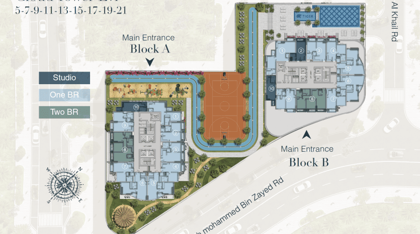 Un plan architectural de la Cloud Tower à Dubaï, montrant les niveaux avec les types d'appartements étiquetés (studio, une chambre, deux chambres), les entrées principales des blocs A et B, les rues et une rose des vents.