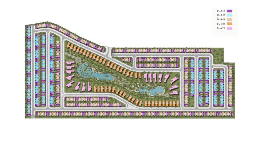 Vue aérienne d'un plan de logements résidentiels colorés à Dubaï avec différentes zones, étiquetées de différentes couleurs, montrant des maisons alignées le long de routes courbes et droites, avec des espaces verts et un plan d'eau au centre.