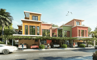 Une rangée de villas colorées et modernes à deux étages à Dubaï avec des garages attenants, une verdure luxuriante et des voitures garées. Les gens participent à diverses activités comme le jardinage et le lavage d’une voiture.