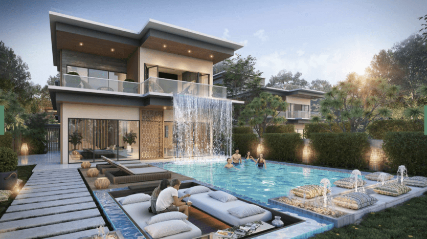 Luxueuse maison moderne à Dubaï avec une grande piscine dotée de sièges et d'une cascade. Les gens se détendent et interagissent dans la piscine et dans les salons entourés d’une verdure luxuriante au coucher du soleil. Idéal pour investir