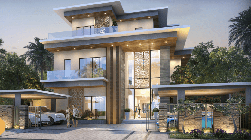 Villa de luxe moderne sur deux étages à Dubaï avec de grandes fenêtres en verre, des balcons-terrasses et des détails en bois. Eclairé le soir, il dispose d'un jardin paysager, d'une allée avec une voiture garée,
