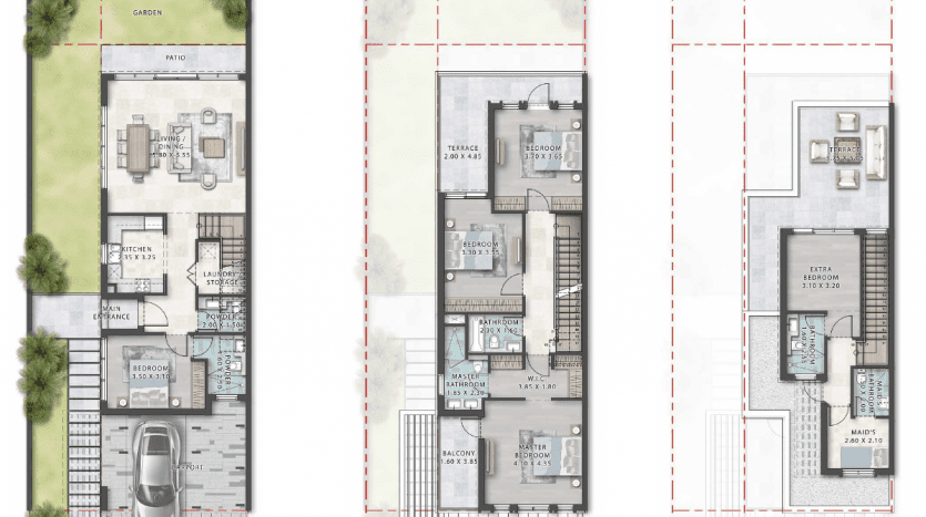 Plans architecturaux d'une villa de 5 chambres à Dubaï, comprenant le rez-de-chaussée, le premier étage et le toit, magnifiquement détaillés avec les étiquettes des pièces et le mobilier, entourés d'arbres.