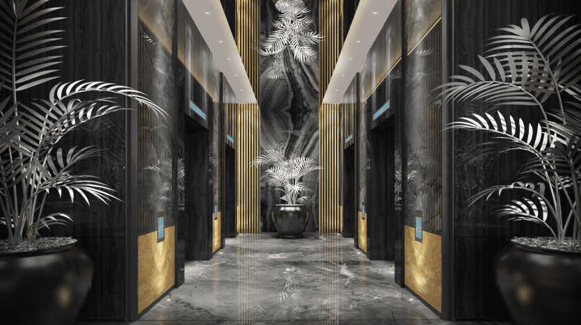 Hall d'entrée luxueux avec une palette de couleurs sombres, avec de grandes plantes décoratives et un éclairage artistique. Une sculpture blanche saisissante centrée entre des murs en miroir renforce l'atmosphère opulente de cet appartement de premier ordre à Dubaï