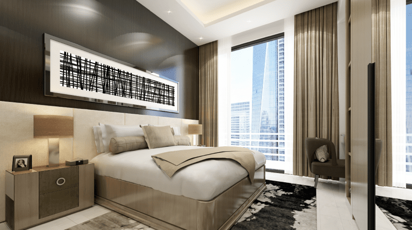 Une chambre moderne et luxueuse dans une villa de Dubaï, dotée d'un grand lit avec une literie moelleuse, des meubles élégants et des baies vitrées donnant sur un paysage urbain. Un éclairage doux et une décoration contemporaine créent une ambiance apaisante