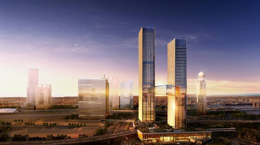 Une vue panoramique d'un paysage urbain moderne au crépuscule avec de grands gratte-ciel éclairés par des lumières chaudes, avec une rivière en arrière-plan et une route animée au premier plan. Cette scène met en évidence les opportunités lucratives
