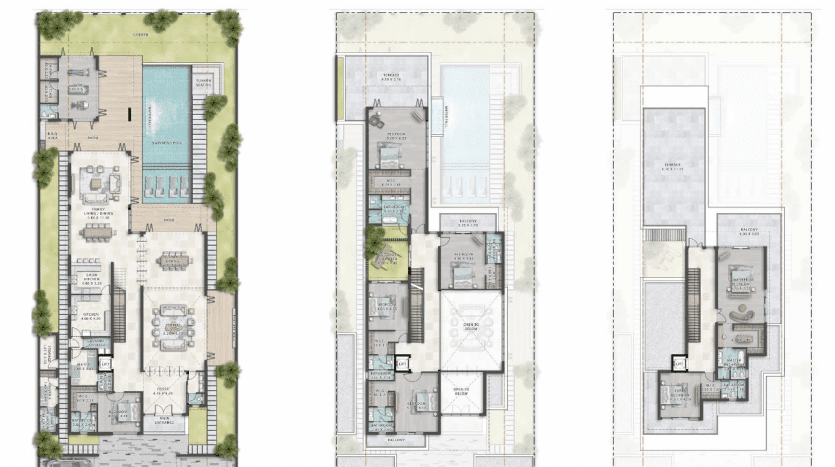 Trois plans architecturaux pour une villa de 7 chambres à Dubaï, montrant les dispositions du rez-de-chaussée, du premier étage et du toit, détaillés avec les désignations des pièces et le mobilier.