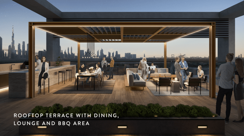 Une terrasse sur le toit au crépuscule à Dubaï, où les gens dînent, se détendent et profitent de l'espace barbecue. L'horizon de la ville orne l'arrière-plan, tandis que les sièges extérieurs modernes et l'éclairage créent une atmosphère chaleureuse.