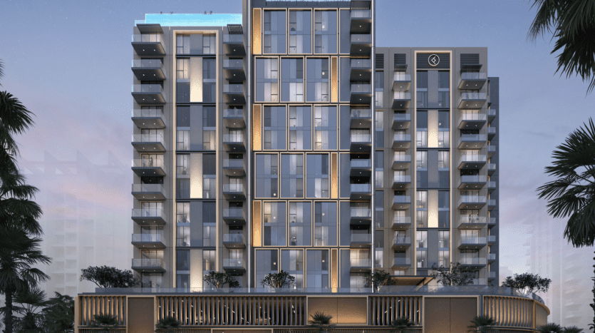 Villa résidentielle moderne à Dubaï éclairée au crépuscule, dotée d'une façade élégante avec une signalisation bien visible « Ellington Berkeley Place » et des balcons aux étages supérieurs.