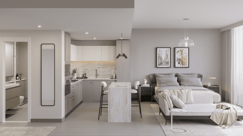 Un studio moderne à Dubaï présentant un design cohérent avec un coin chambre comprenant un lit et des tables de chevet, une cuisine avec des armoires blanches et un coin repas, ainsi qu'un balcon. Des tons clairs et neutres