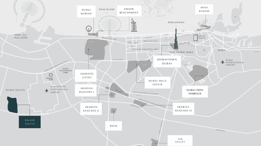 Une carte stylisée de Dubaï mettant en évidence les zones clés, les monuments et les opportunités immobilières, notamment le centre-ville de Dubaï, Burj Khalifa, le centre commercial de Dubaï et plusieurs domaines résidentiels. La carte utilise une palette monochrome