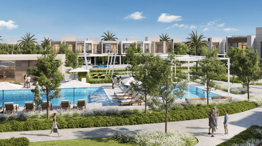 Vue aérienne d'un complexe luxueux à Dubaï avec des villas modernes entourant plusieurs piscines et une verdure luxuriante, avec des gens se promenant tranquillement le long des sentiers.