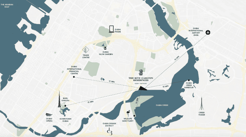Carte de Dubaï mettant en évidence les principaux investissements et emplacements immobiliers, notamment Dubai Frame, le Trade Centre, Burj Khalifa et d'autres, avec des itinéraires balisés indiquant les distances entre les points dans une vue aérienne stylisée.