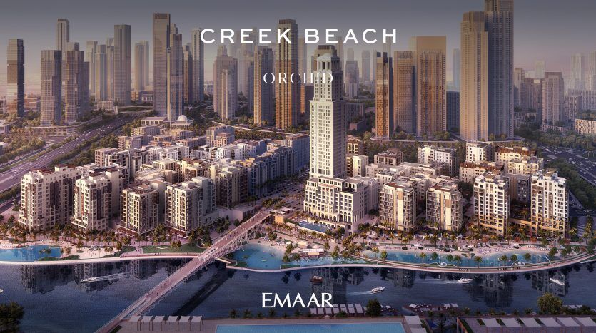 Représentation artistique de Creek Beach Orchid par Emaar, présentant un développement luxueux au bord de l'eau avec des immeubles de grande hauteur, un aménagement paysager luxuriant et une piscine centrale, le tout sur les toits de la ville au crépuscule.