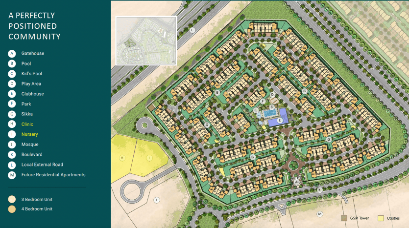 Une carte détaillée d'une communauté résidentielle à Dubaï montrant diverses commodités telles que des piscines, des parcs et des cliniques, marquées d'icônes et entourées de routes. Une légende à gauche catégorise les installations.