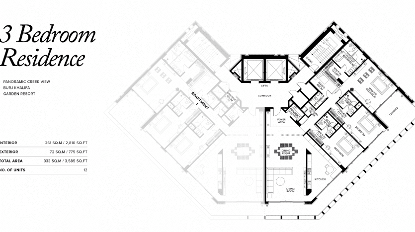 Plan d'étage architectural d'une villa de 3 chambres à Dubaï, comprenant la disposition des pièces comprenant la cuisine, les espaces de vie et les salles de bains, détaillés avec des étiquettes et des mesures.