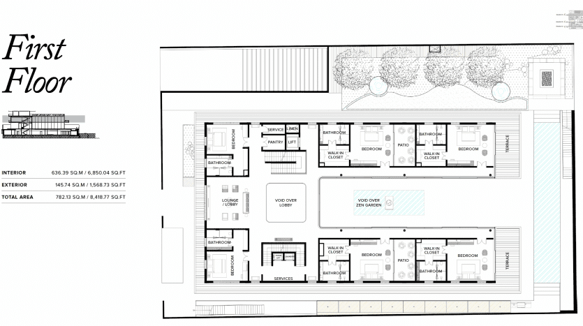 Plan architectural du premier étage d'une villa de Dubaï, présentant une disposition détaillée des pièces, notamment des chambres, des salles de bains et des espaces de vie, avec les mesures de la superficie totale fournies.