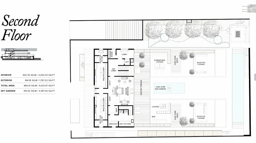 Plan d'étage architectural d'un deuxième étage dans une villa à Dubaï, affichant les pièces étiquetées telles que l'entrée, le bureau, le salon et le jardin sur le toit avec les dimensions et la disposition des meubles.