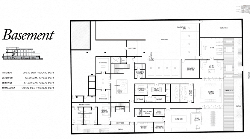 Plan d'aménagement d'un sous-sol dans un appartement de Dubaï présentant diverses pièces, dont une salle de sport, un sauna, des espaces de rangement et une cuisine. Les étiquettes de texte et les mesures détaillent la taille et la fonction de chaque zone.