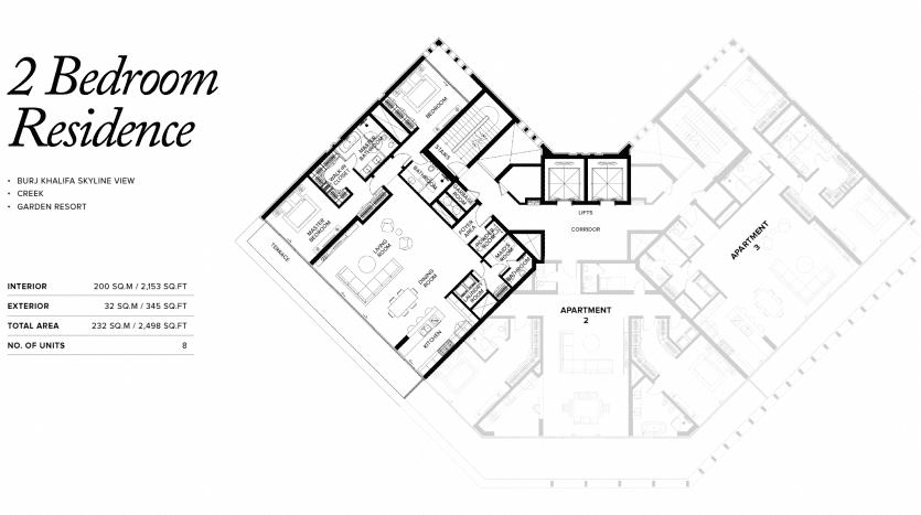 Plan d'étage architectural d'une villa de 2 chambres à Dubaï comprenant les pièces étiquetées, la disposition des meubles et les spécifications de la superficie totale, affichées dans un style de dessin au trait noir et blanc.