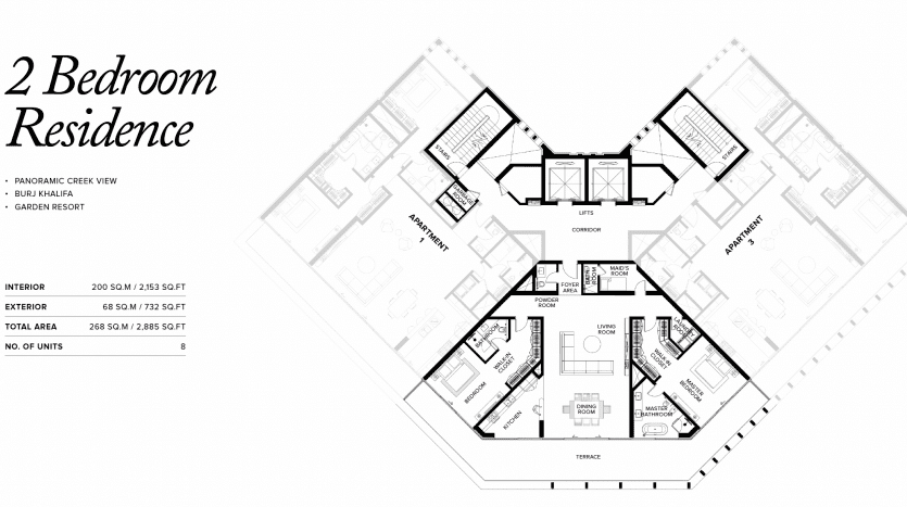 Plan architectural d'une villa de 2 chambres à Dubaï, détaillant la disposition des pièces, y compris un salon, une cuisine, une terrasse et des salles de bains, avec les spécifications de superficie totale répertoriées.