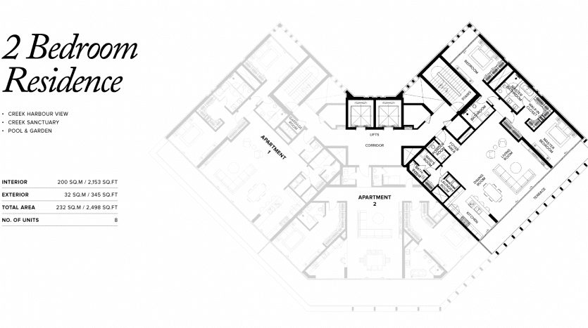 Un plan d'étage d'une résidence de 2 chambres montrant une disposition détaillée comprenant les chambres, les salles de bains, la cuisine, les espaces de vie et la section appartement dubaï, avec notation de l'intérieur et de la superficie totale