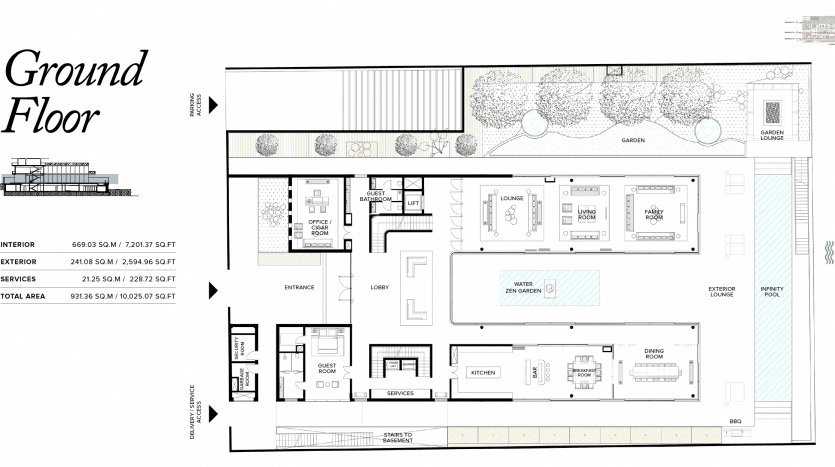 Plan architectural d'une villa à Dubaï comprenant des plans d'étage étiquetés pour des pièces telles que le hall, la salle à manger et la pièce d'eau, ainsi que des jardins. Comprend un résumé dimensionnel et un croquis d'élévation latérale.