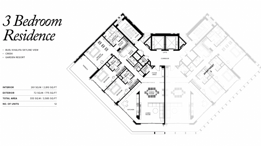 Plan d'étage architectural d'une villa de 3 chambres à Dubaï comprenant les pièces étiquetées, la disposition des meubles et les mesures, offrant une vue complète de la conception et de la disposition spatiale.