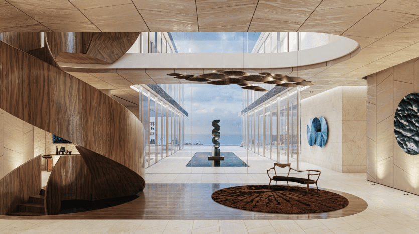 Hall moderne dans une villa de Dubaï avec panneaux en bois et œuvres d'art sculpturales. Il présente des sols réfléchissants, une sculpture centrale, des plafonds incurvés et des œuvres d'art circulaires murales. Les murs en verre offrent un espace lumineux et aéré
