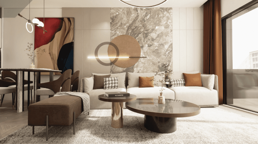 Intérieur de salon moderne dans une villa de Dubaï avec un canapé beige confortable, des tables basses rondes élégantes, une salle à manger élégante, de grandes œuvres d'art murales abstraites, de grandes fenêtres et une lumière naturelle chaleureuse.