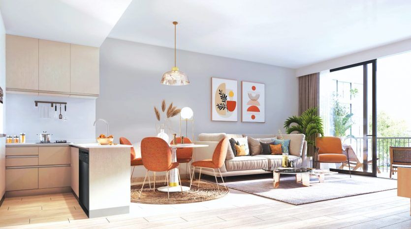 Salon et cuisine décloisonnés lumineux et modernes avec un mobilier élégant et de grandes fenêtres menant à un balcon à Dubaï, créant un espace bien éclairé et aéré.