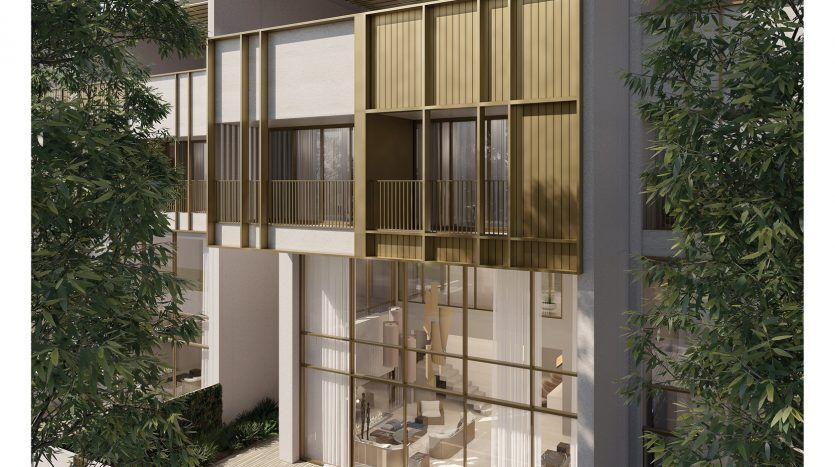Rendu architectural 3D d'une maison multidimensionnelle moderne de 5 chambres avec de grands balcons, entourée d'une verdure luxuriante dans un cadre urbain. Le texte sur l'image en fait la publicité dans le cadre de