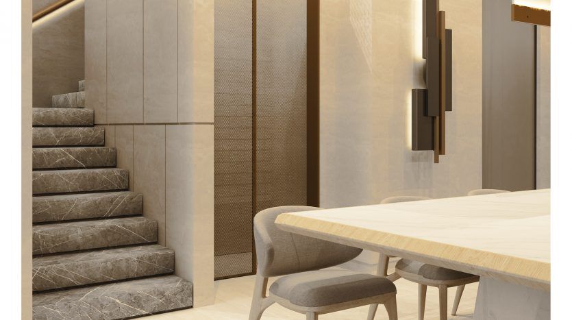 Intérieur de maison moderne avec un escalier et un mobilier élégant en bois sous un éclairage ambiant chaleureux, étiqueté « maisons multidimensionnelles de 4 chambres » par parc, présenté par une agenceimmobilière dubaï.