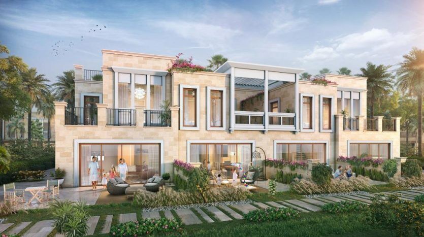 Illustration d'une luxueuse villa de deux étages à Dubaï entourée de jardins luxuriants, dotée de grandes fenêtres, de balcons où les gens se détendent et d'un mobilier d'extérieur élégant.