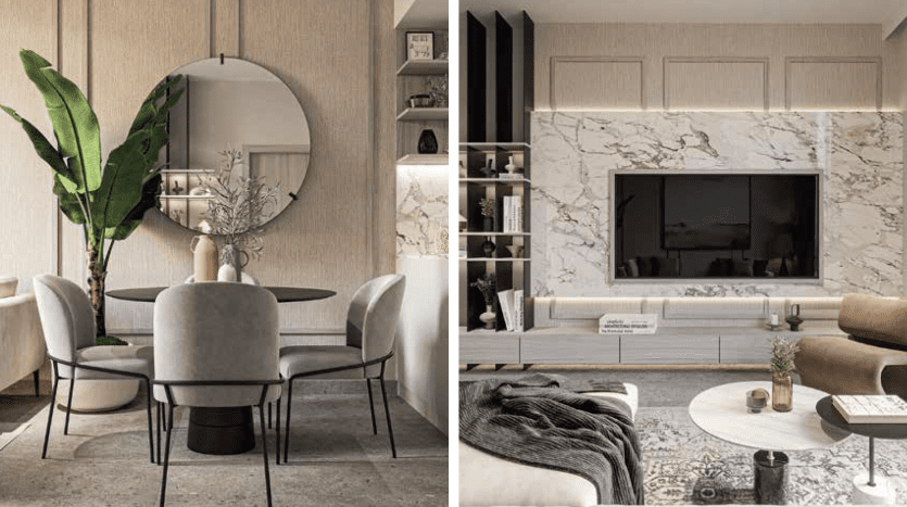 Un espace de vie moderne à Dubaï avec un coin repas à gauche doté d'un miroir rond et d'une plante, et un coin salon confortable à droite avec des murs en marbre, une grande télévision et un