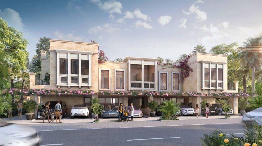 Rangée de maisons de ville modernes avec balcons fleuris, voitures garées et piétons, dont une personne avec une poussette, lors d'une journée ensoleillée avec des palmiers à Dubaï.