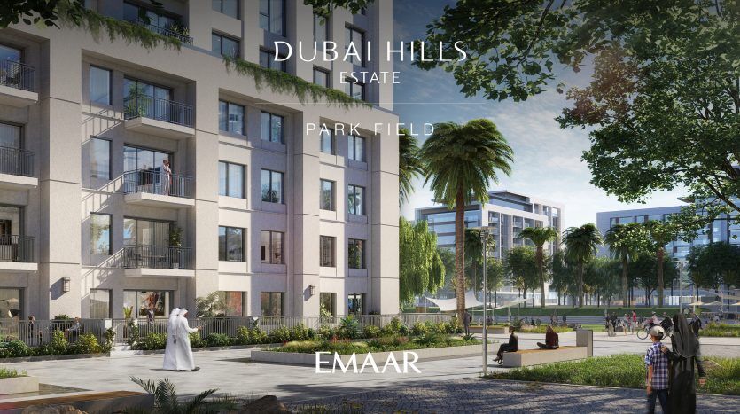 Rendu architectural du parc Dubai Hills Estate, comprenant des bâtiments résidentiels modernes à plusieurs étages comprenant des appartements et des villas avec un aménagement paysager luxuriant, des gens marchant et des enfants jouant dans un cadre communautaire animé et ensoleillé