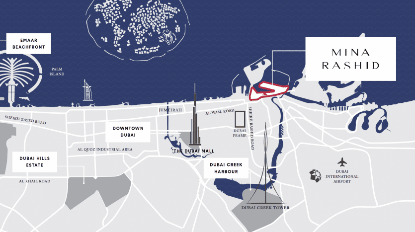 Une carte stylisée de Dubaï montrant des endroits clés tels que le centre-ville de Dubaï, le centre commercial de Dubaï et Mina Rashid, avec un contour rouge mettant en évidence une villa à Dubaï.