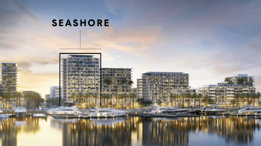 Rendu artistique d'un développement résidentiel moderne en bord de mer au crépuscule, comprenant des immeubles d'appartements luxueux à côté d'une marina remplie de yachts, avec le mot « bord de mer » en gras en haut. Bal de promo