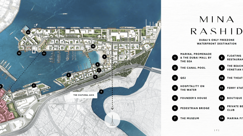 Une carte aérienne détaillée du quartier de Mina Rashid à Dubaï, mettant en évidence diverses attractions comme une marina, le centre commercial de Dubaï en bord de mer, des restaurants flottants et d'autres commodités, dont Prime Immobilier Dubaï.