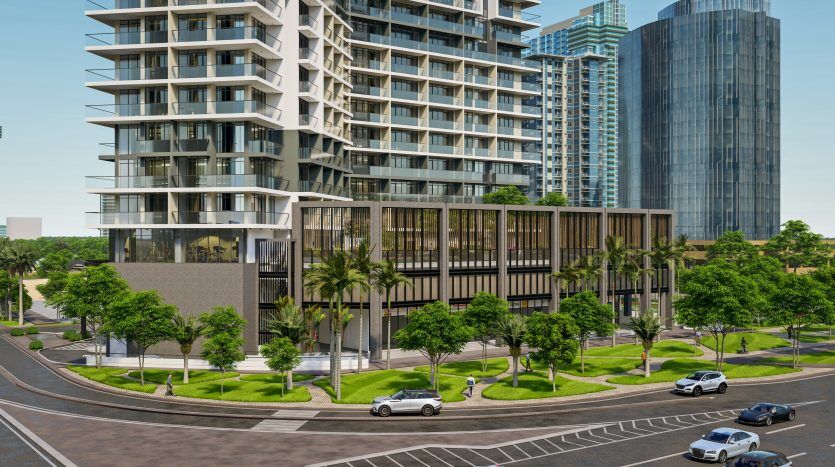 Une scène urbaine moderne comprenant un grand immeuble résidentiel à plusieurs niveaux à Dubaï, à côté de gratte-ciel en verre, avec des voitures sur une route à plusieurs voies et des palmiers bordant les trottoirs.