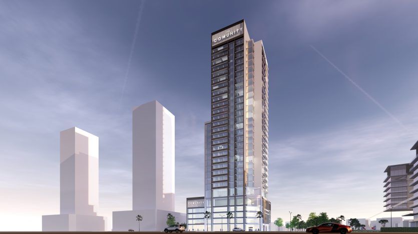 Rendu d'un immeuble moderne de grande hauteur intitulé « Solarité » dans un environnement urbain au coucher du soleil à Dubaï, avec des gratte-ciel environnants et des voitures dans la rue.