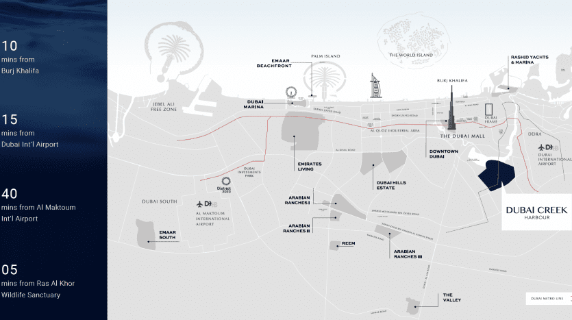 Une carte stylisée montrant le port de Dubai Creek et ses environs, mettant en évidence les attractions à proximité, les routes et les temps de conduite estimés depuis divers aéroports et la réserve faunique de Baniyas. Les icônes et les étiquettes sont utilisées pour plus de clarté.