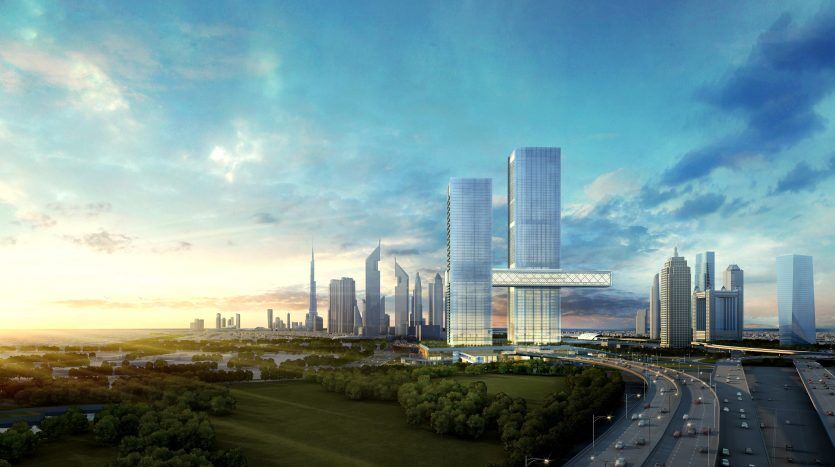 Paysage urbain futuriste avec des gratte-ciel élégants et une route surélevée reliant deux bâtiments, vue sur un parc verdoyant et une autoroute très fréquentée à l'aube, capturant l'essence de la villa Dubaï.